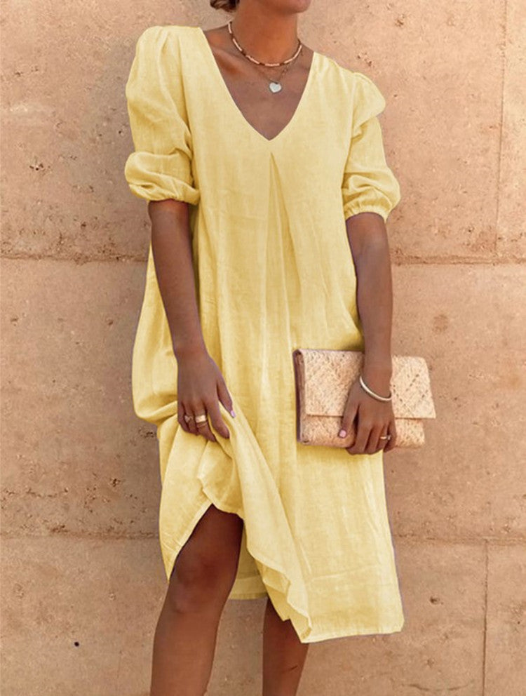 Robe midi à encolure en V à manches bouffantes pour femmes Chic und Stil