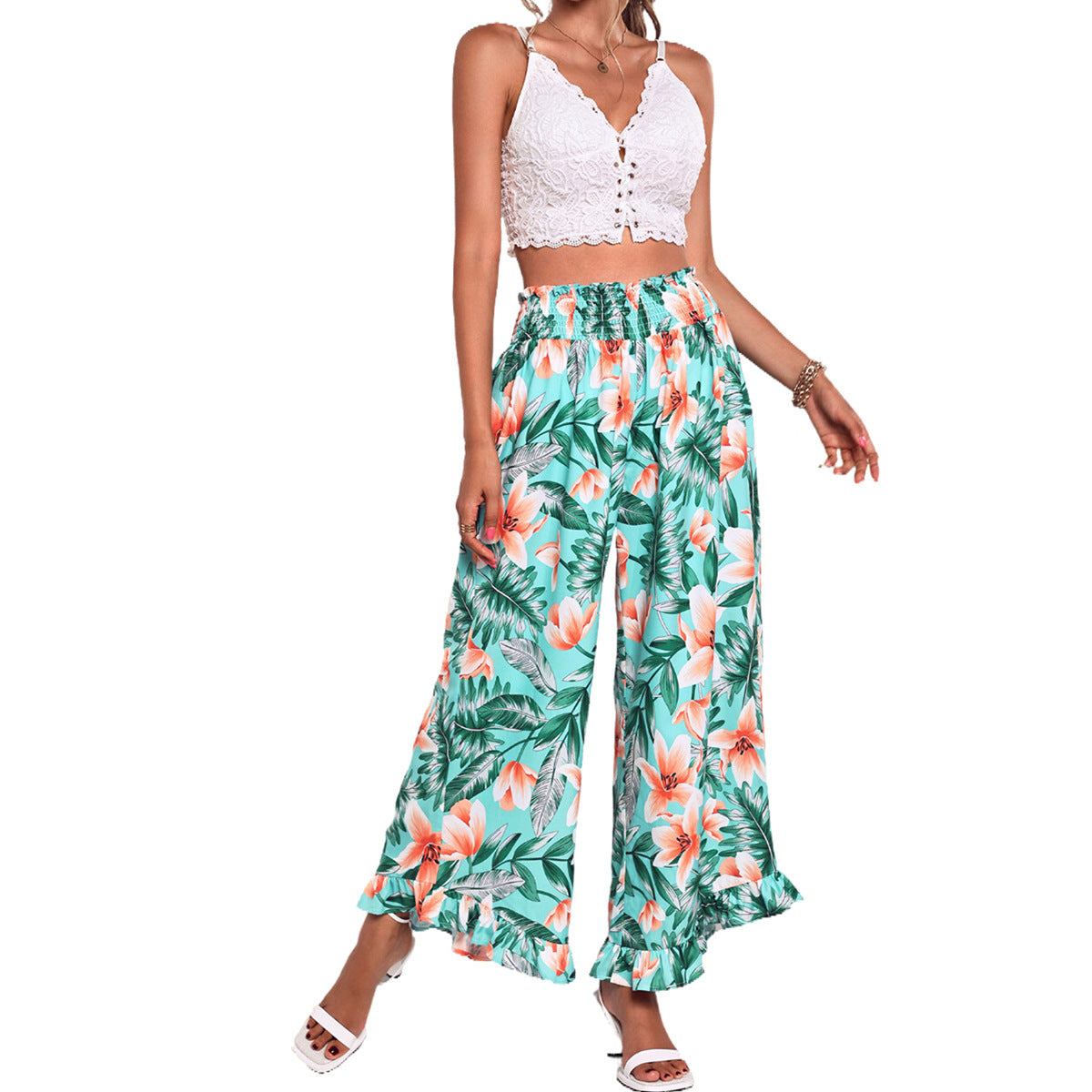Wide palazzo pants for women with a floral design and an elastic waistband Chic and Style