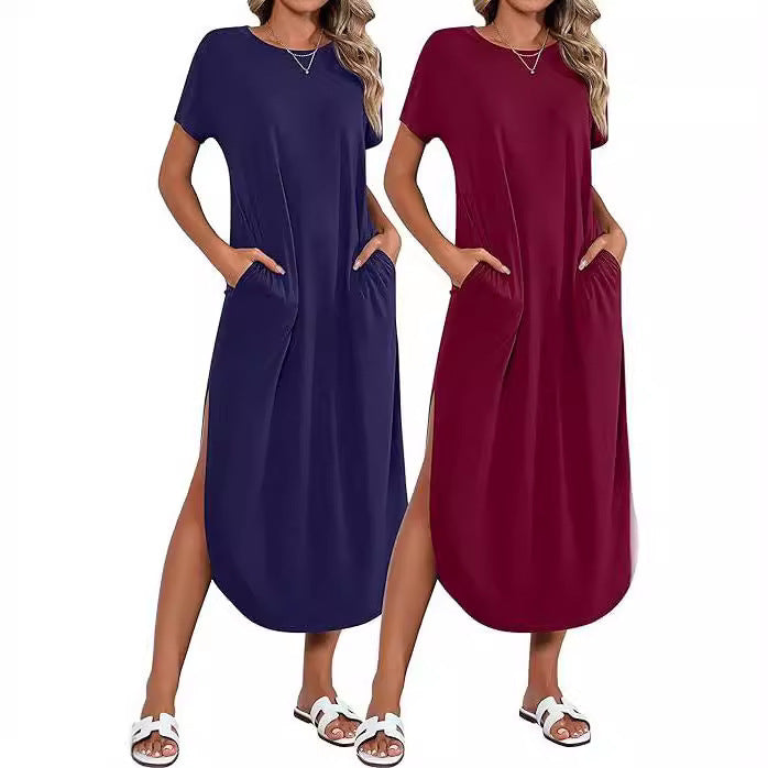 Robe maxi décontractée pour femmes avec fente latérale et joli col rond Chic und Stil