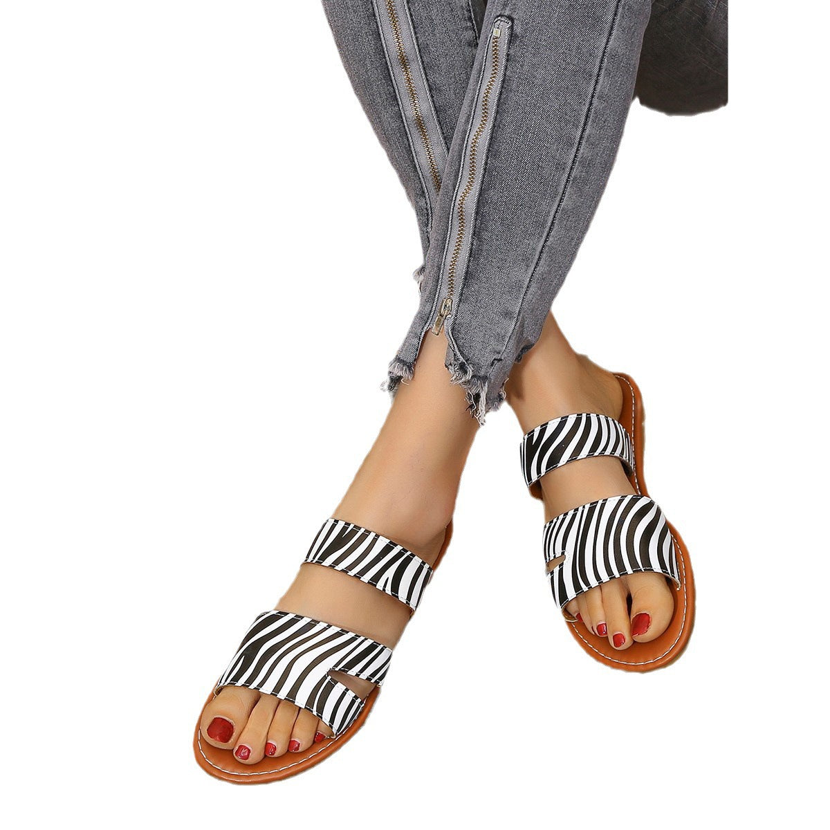 Sandales de loisirs pour femmes à la mode avec double sangle au design léopard Chic und Stil