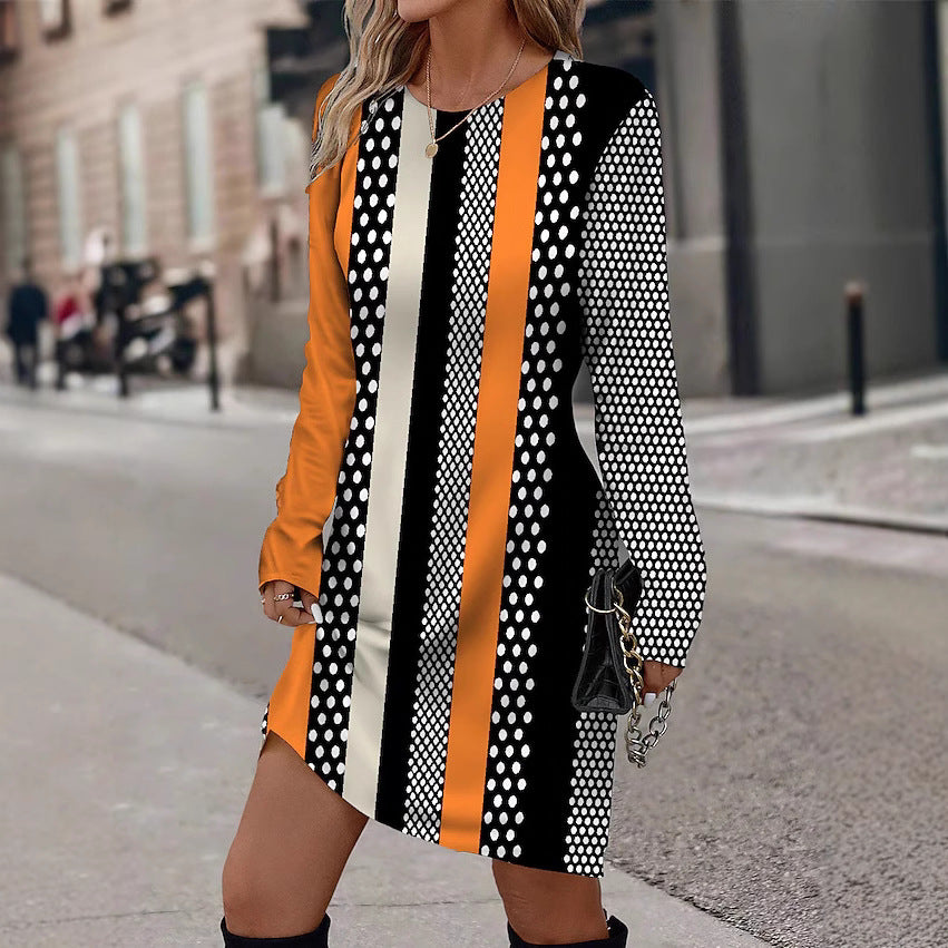 Robe longue à manches longues pour femmes avec motif graphique à rayures et design ponctuel Chic und Stil