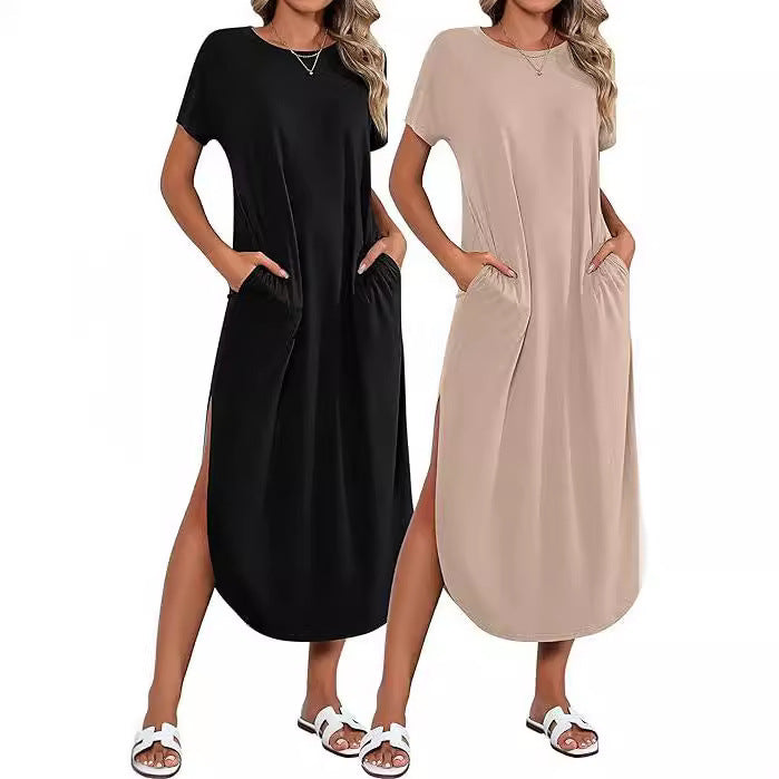 Robe maxi décontractée pour femmes avec fente latérale et joli col rond Chic und Stil