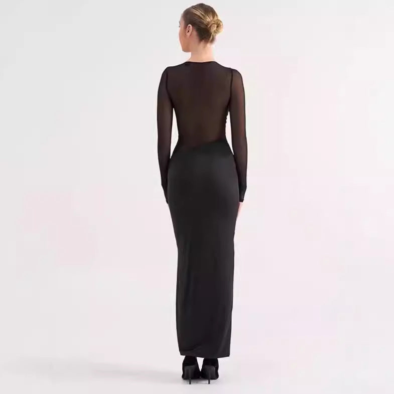 Dames Robe Maxi Élégante avec Inserts Transparents et Fronces Chic und Stil