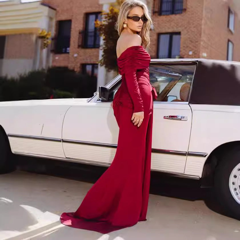 Dames élégant maxi robe avec détails volants et décolleté off-épaule Chic und Stil