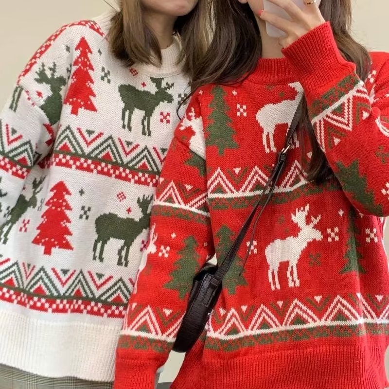 Pull-over en grosse maille pour femmes avec motif de renne festif et encolure ronde Chic und Stil