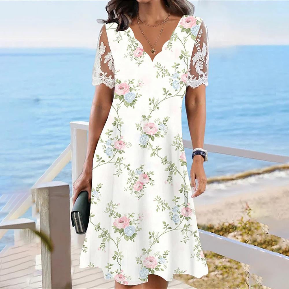 Robe femme chic et stylée en dentelle à fleurs à manches en V