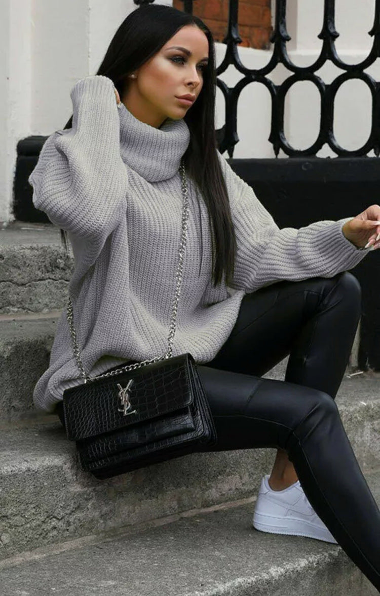 Oversized knitted pullover for women with high collar and modern cut Chic and Style