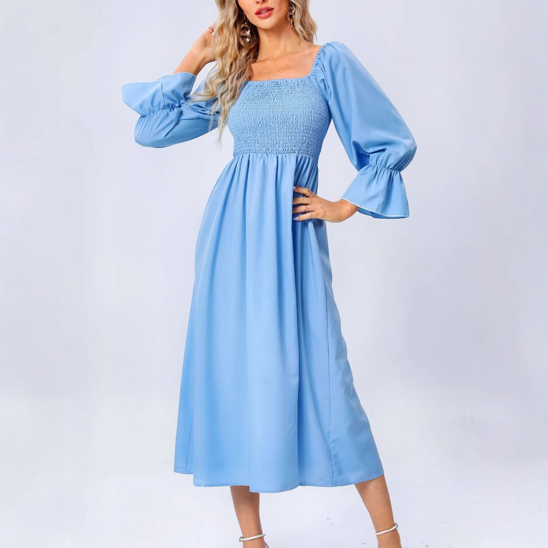 Robe midi pour dames avec des manches bouffantes élastiques et un cordon de taille romantique Chic und Stil