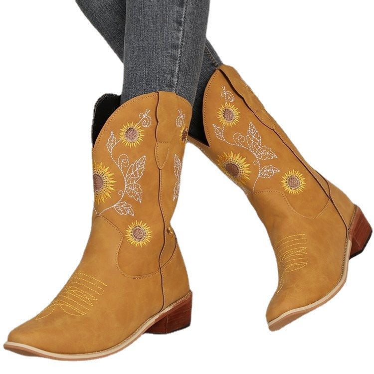 Bottes de cowboy pour femmes avec design floral brodé et robuste talon bloc Chic und Stil