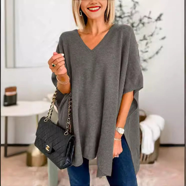 Pull V pour femmes en tricot fin avec des manches larges et un style décontracté Chic und Stil