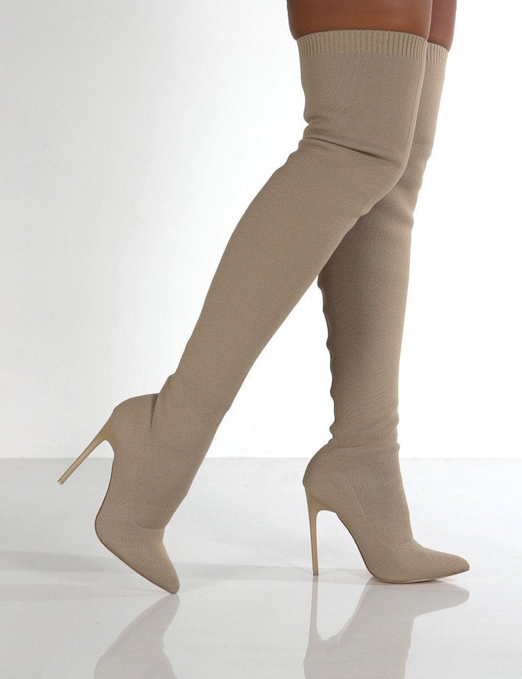 Bottes dames au genou avec un élégant talon et une structure en tricot de haute qualité Chic und Stil