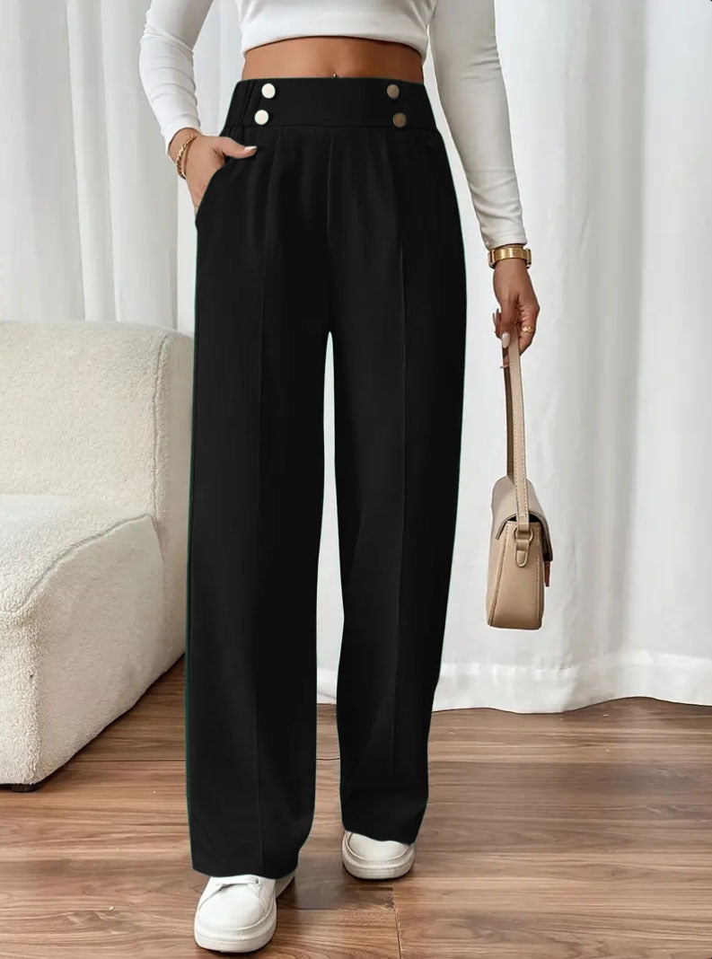 Ladies Elegant Wide Leg Pants with Decorative Button Details Chic and Style