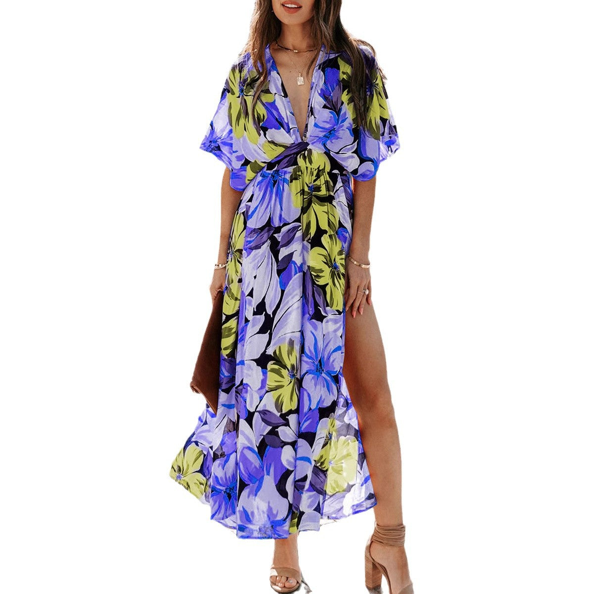 Robe maxi à fente latérale florale pour femme Chic und Stil 1751507240