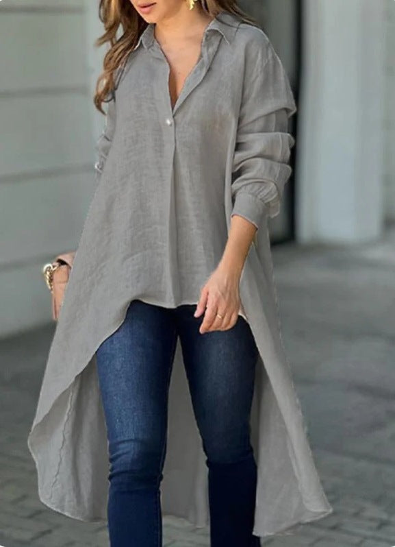 Blouses décontractées pour femmes - T-shirt long en mélange de lin de haute qualité Chic und Stil