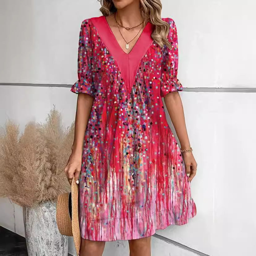 Robe de loisirs pour femmes avec décolleté en V profond et manches bouffantes à la mode Chic und Stil
