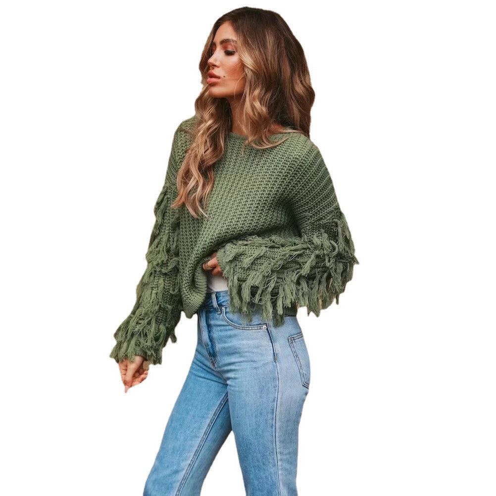 Pull en grosse maille pour femmes avec des manches frangées et une coupe décontractée Chic und Stil