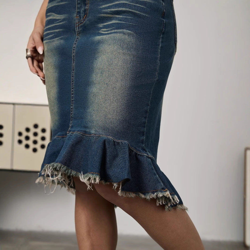 Jupe en jean pour femmes avec volant tendance et ourlet frangé Chic und Stil
