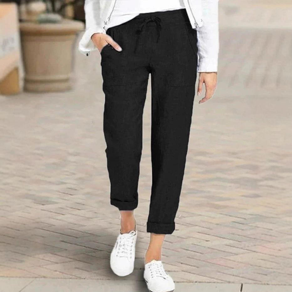 Pantalons en lin détendus pour femmes avec taille élastique et poches pratiques Chic und Stil