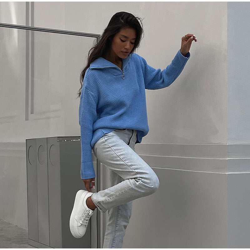 Femmes Pull de haute qualité avec col moderne et fermeture éclair Chic und Stil