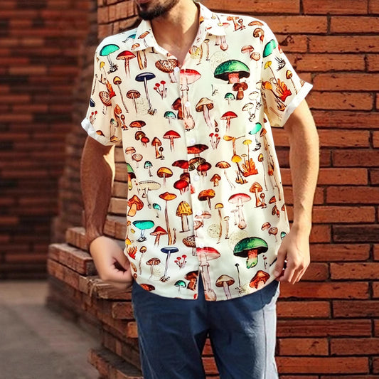 Chemise à manches courtes pour hommes avec un motif de champignon coloré et en coton respirant Chic und Stil