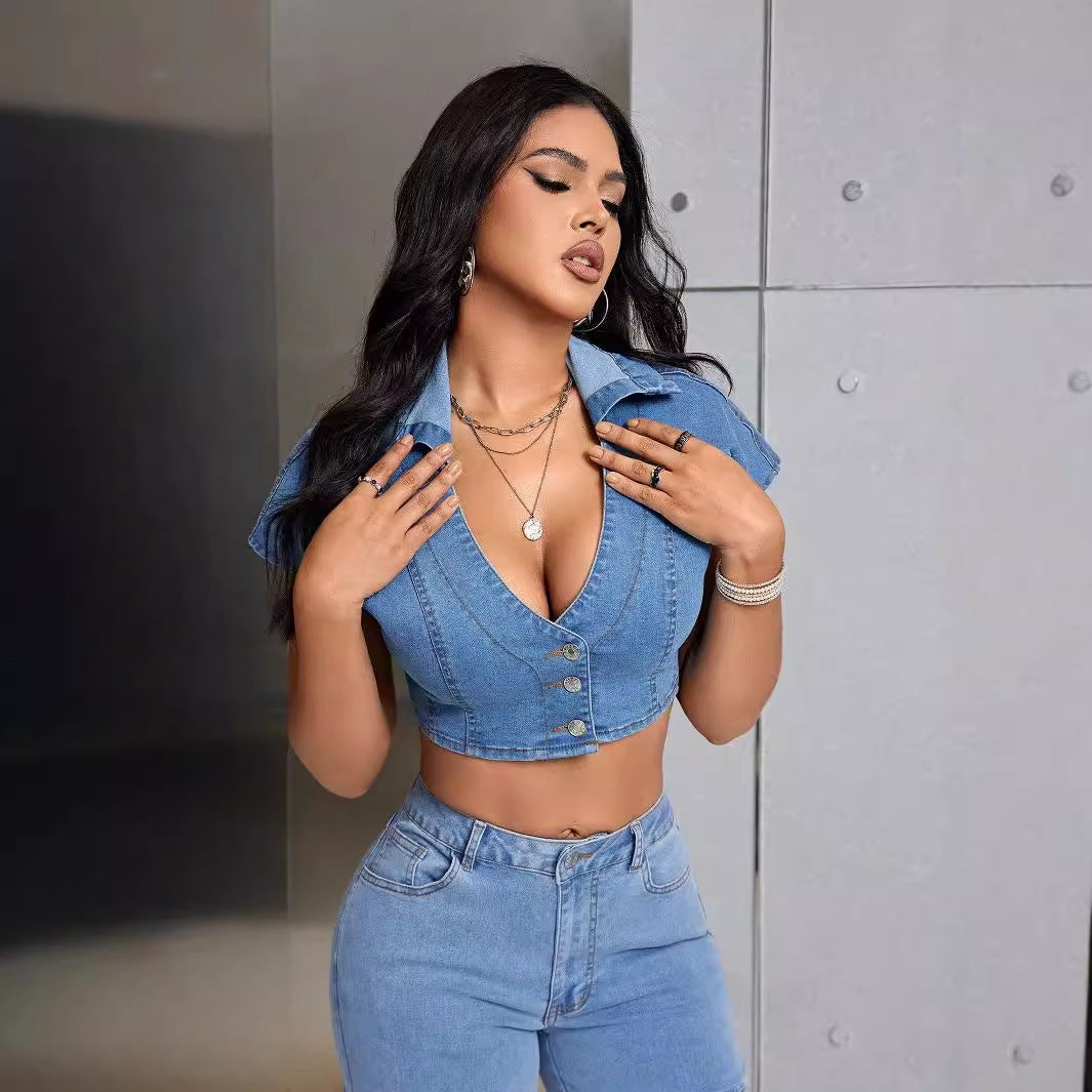Blouse cropped pour femmes en denim avec détails de boutons et manches courtes Chic und Stil