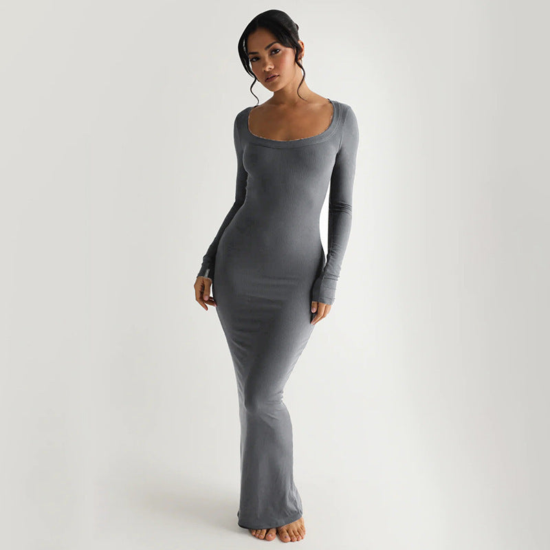 Dames Élégante robe longue avec décolleté en U profond et manches longues Chic und Stil