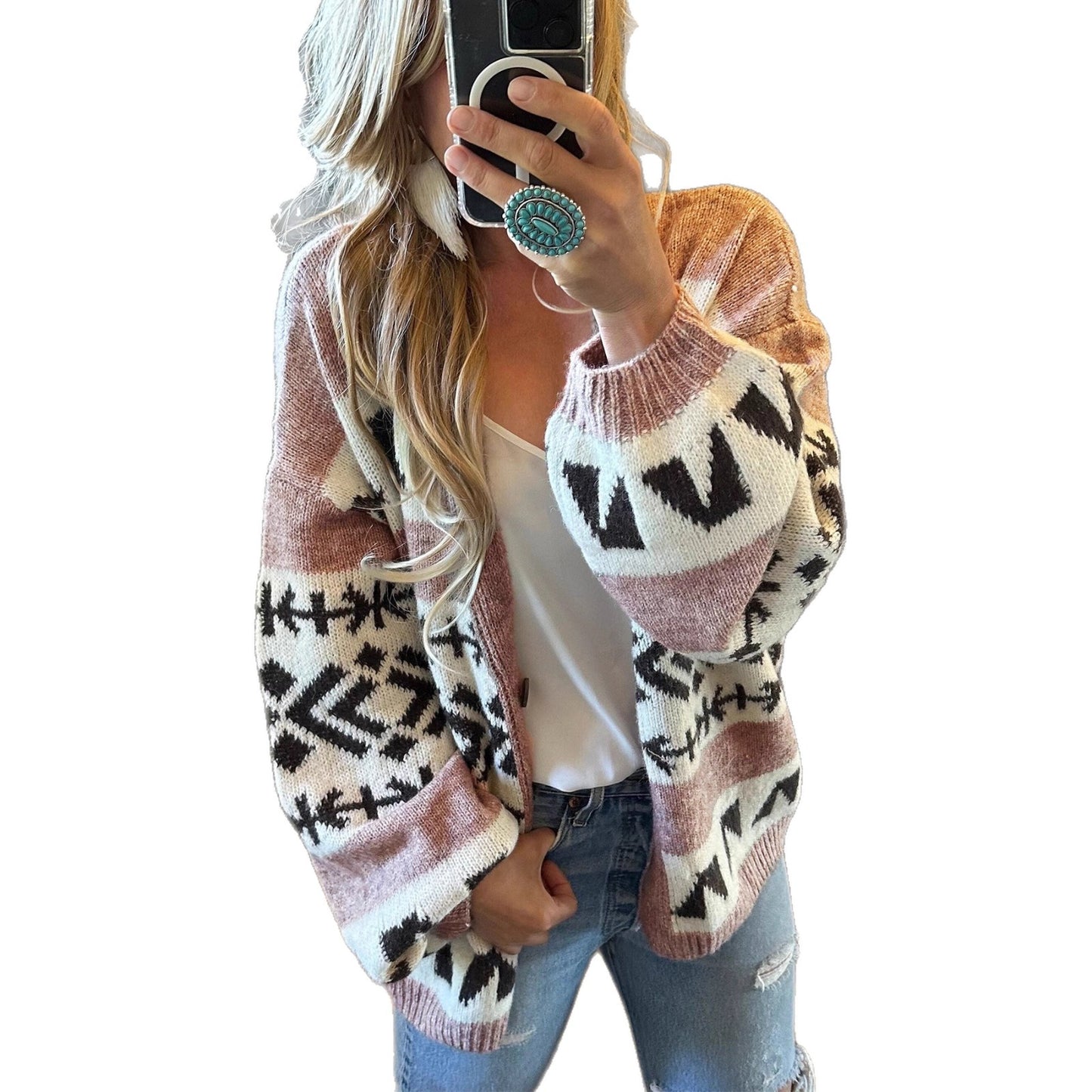 Veste en tricot confortable pour femmes avec motif ethnique décoratif et coupe ouverte Chic und Stil