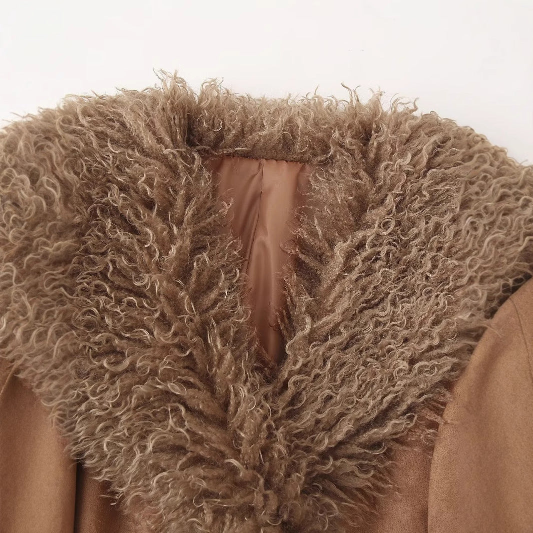 Dames Élégant Teddy Jacket avec ceinture à la taille et col volumineux Chic und Stil