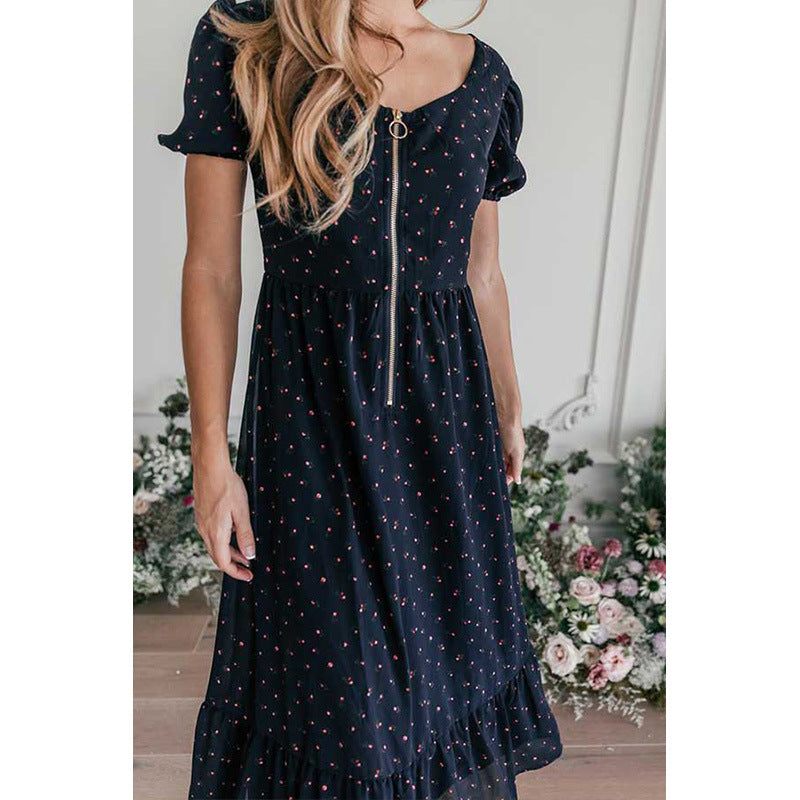 Robe midi florale raffinée pour femmes avec manches bouffantes et détail de fermeture éclair Chic und Stil
