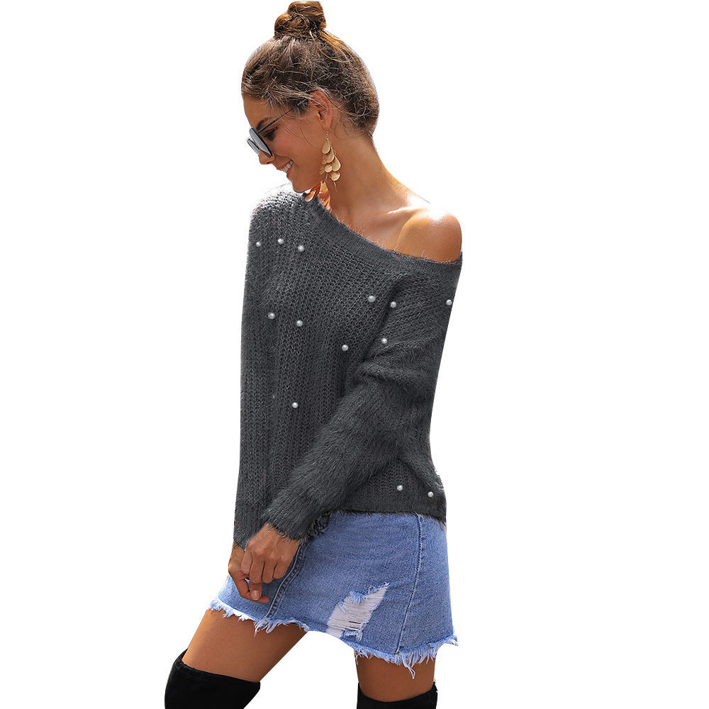 Dames élégant et décontracté pull avec design sans épaule et ornement en perles Chic und Stil