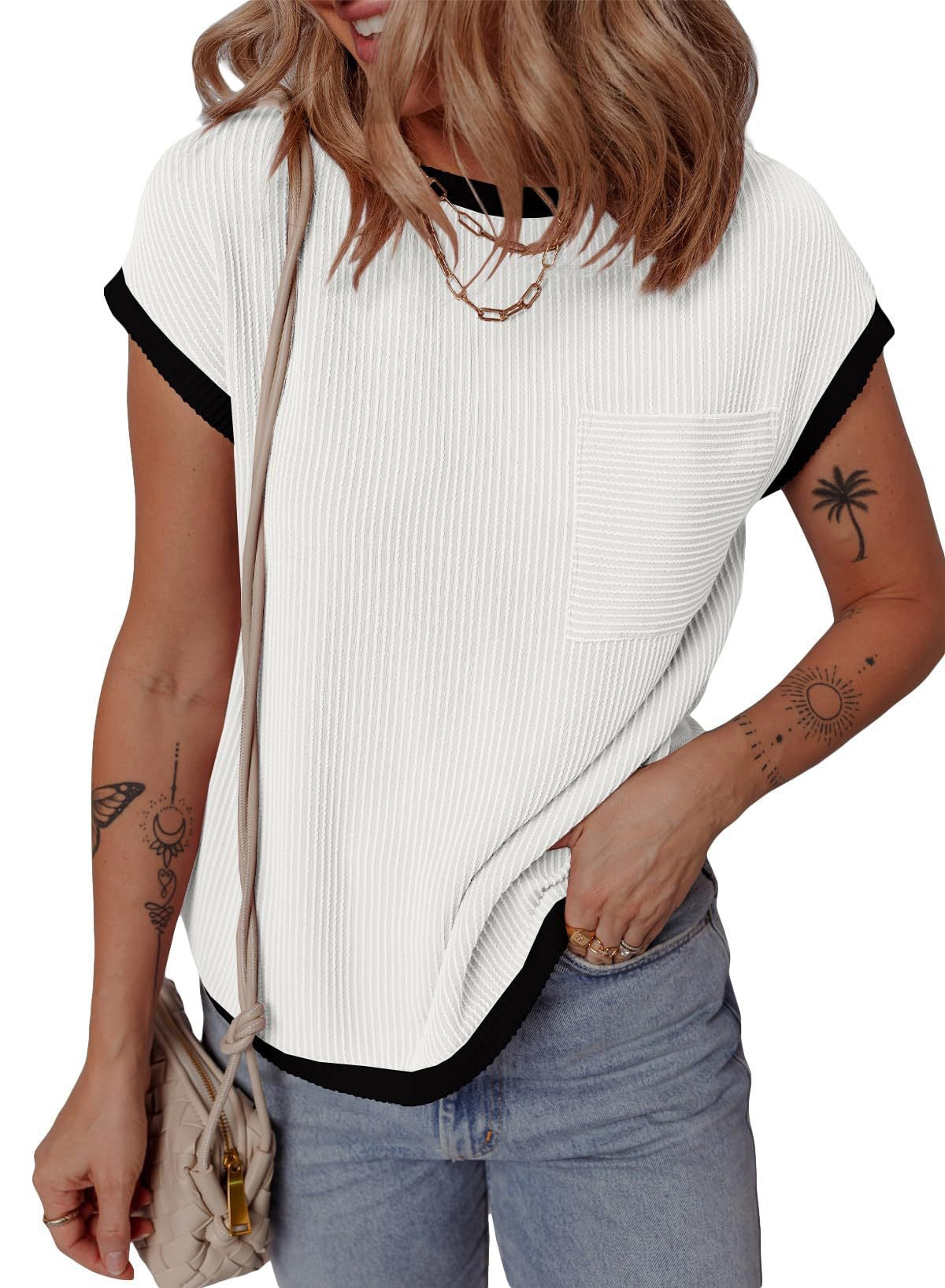 T-shirt en waffle décontracté et respirant pour dames avec poche Chic und Stil