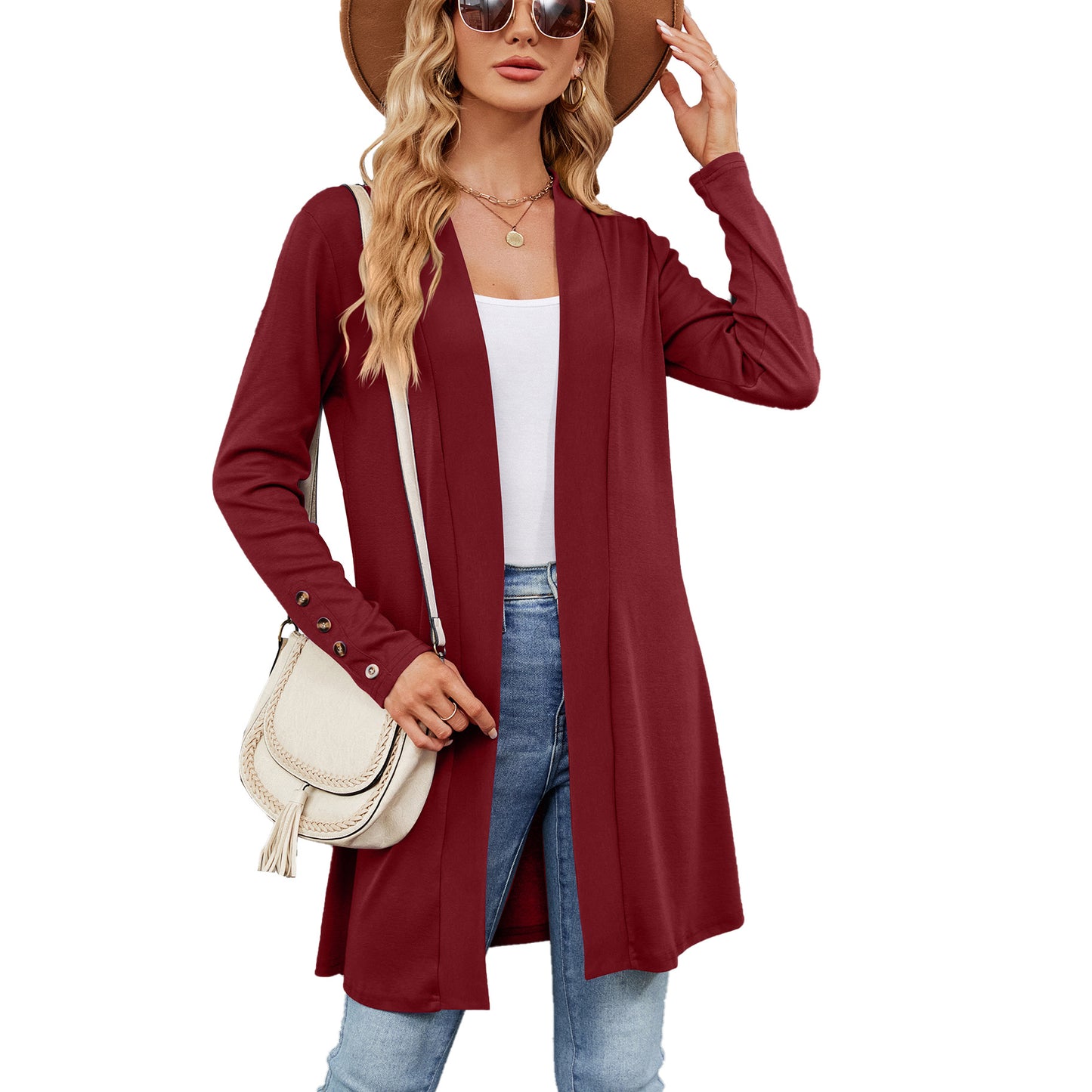 Cardigan longline pour femmes avec des détails de boutons tendance et une fermeture avant ouverte Chic und Stil