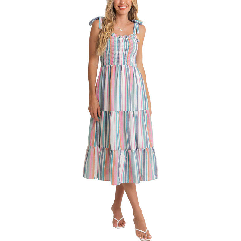 Robe maxi rayée pour femmes avec bretelles spaghetti réglables Chic und Stil