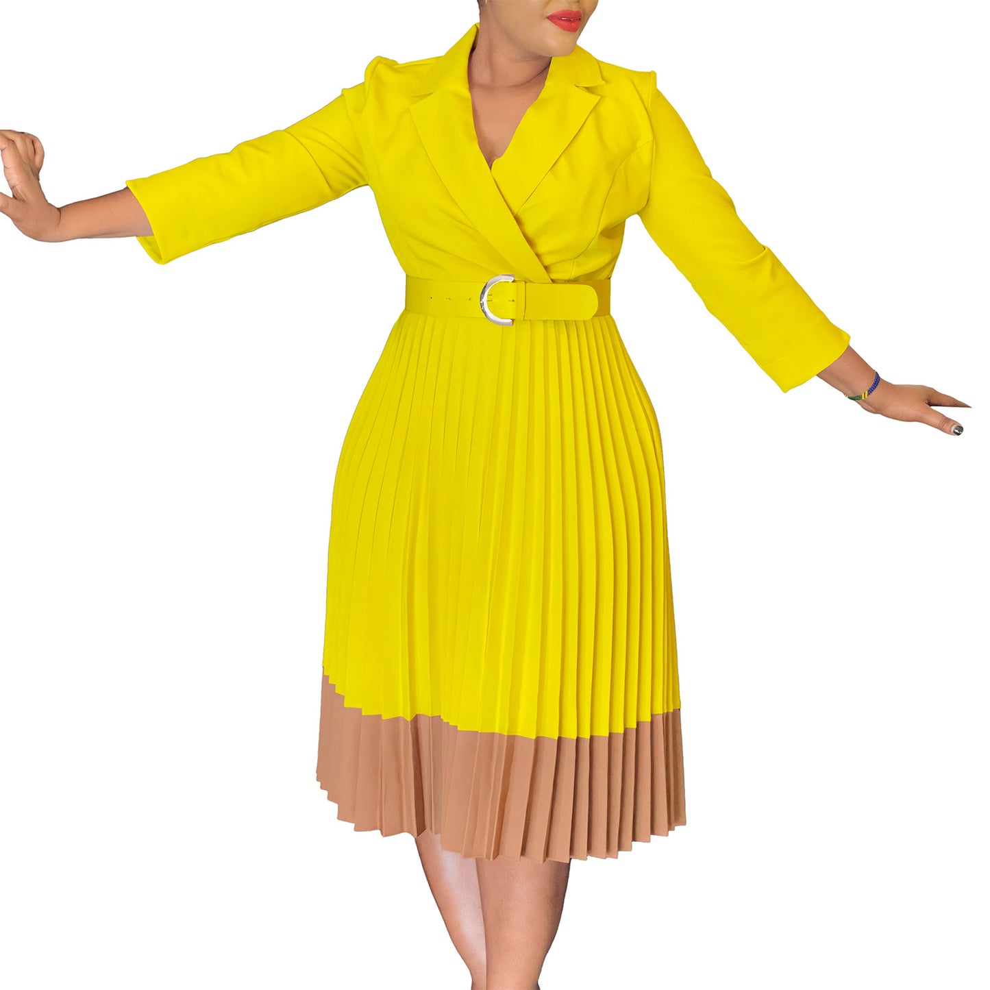 Robe plissée élégante pour femmes avec haut blazer cintré et ceinture Chic und Stil