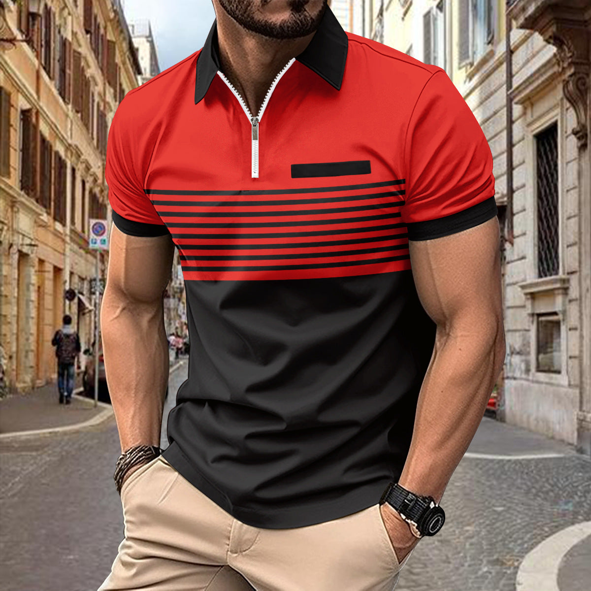 Hommes Polo-Shirt Zip à Rayures Contrastées Modernes Chic und Stil