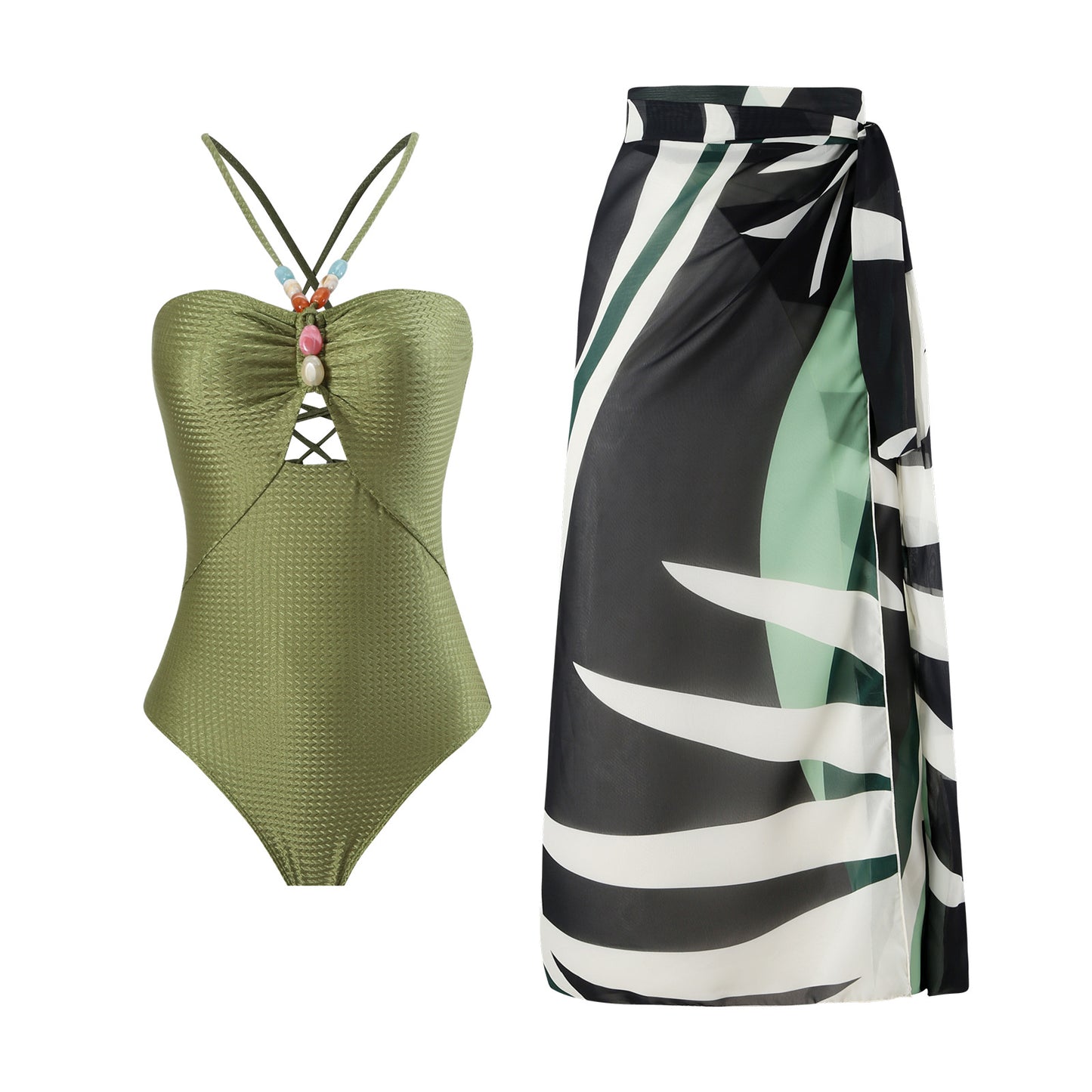 Maillot de bain une pièce pour femmes avec des accents en perles décoratives et une élégante jupe maxi Chic und Stil