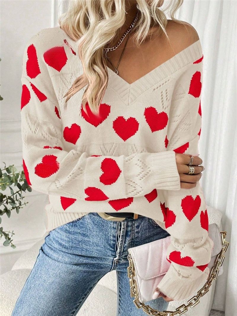 Pull femme en peluche avec motif en forme de cœur et décolleté en V Chic und Stil