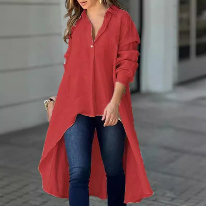 Blouses décontractées pour femmes - T-shirt long en mélange de lin de haute qualité Chic und Stil