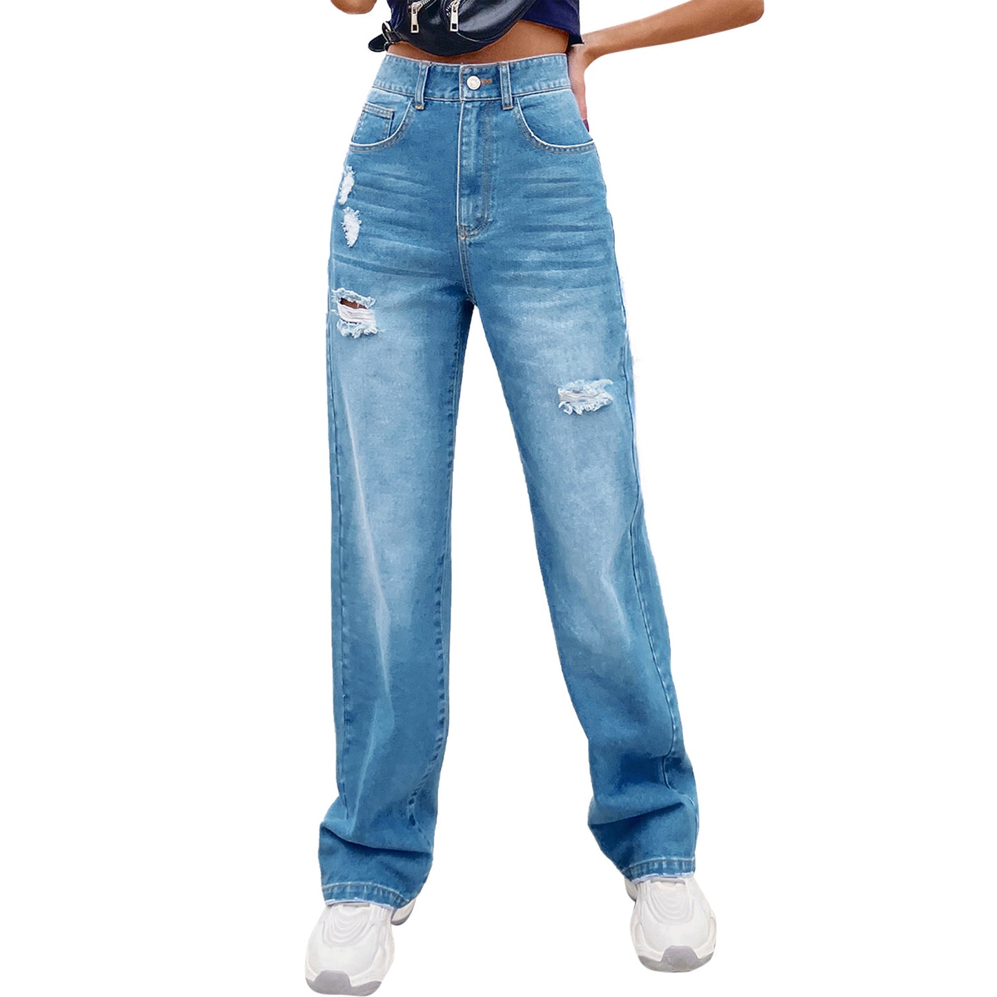 Jeans à jambes larges taille haute pour femmes dans un look destroy tendance Chic und Stil