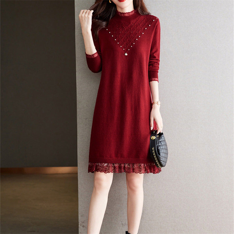 Robe en tricot pour dames avec col montant et finition en dentelle Chic und Stil
