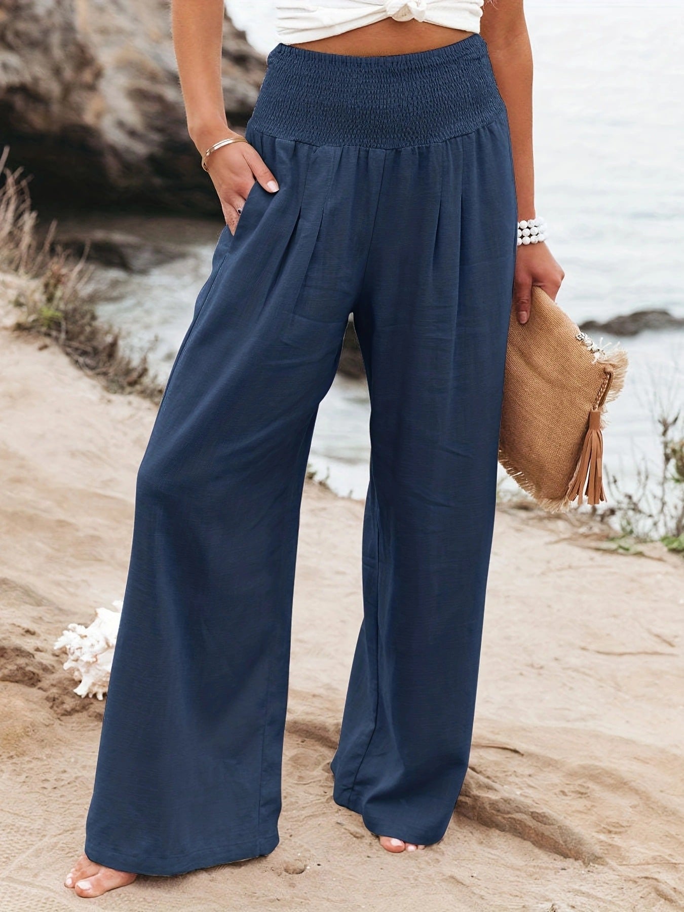 Pantalon d'été ample pour femmes avec taille élastique et élégant drapé Chic und Stil