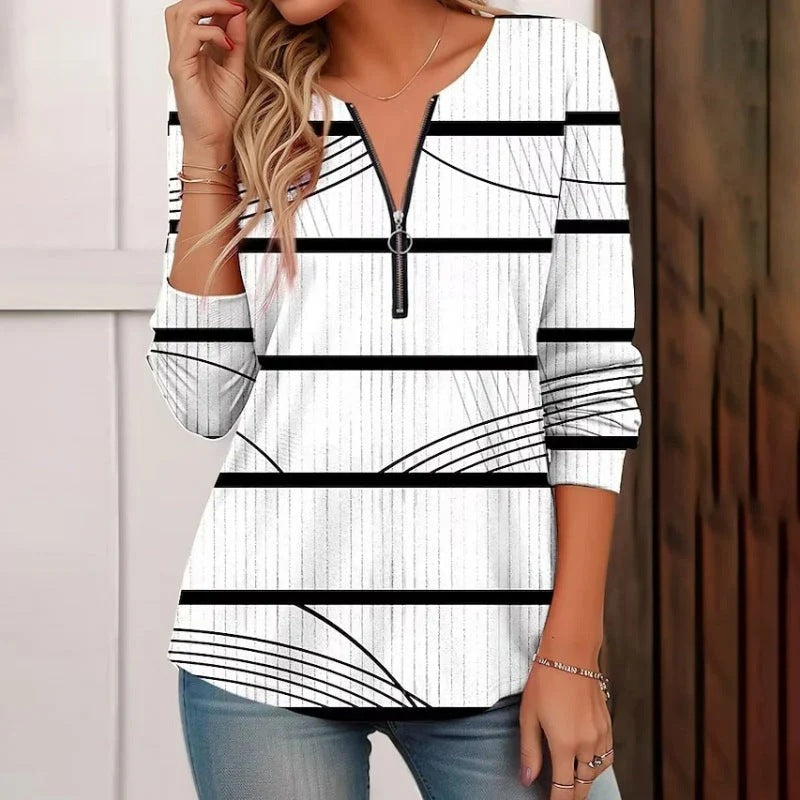 T-shirt à manches longues pour femmes avec fermeture éclair moderne et motif rayé Chic und Stil