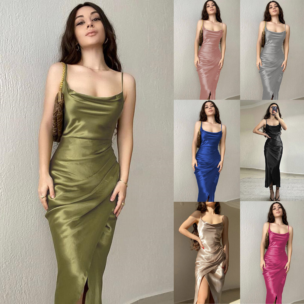 Robe Maxi Élégante Femme avec Coupe Drapée Raffinée et Fines Bretelles Spaghetti Chic und Stil