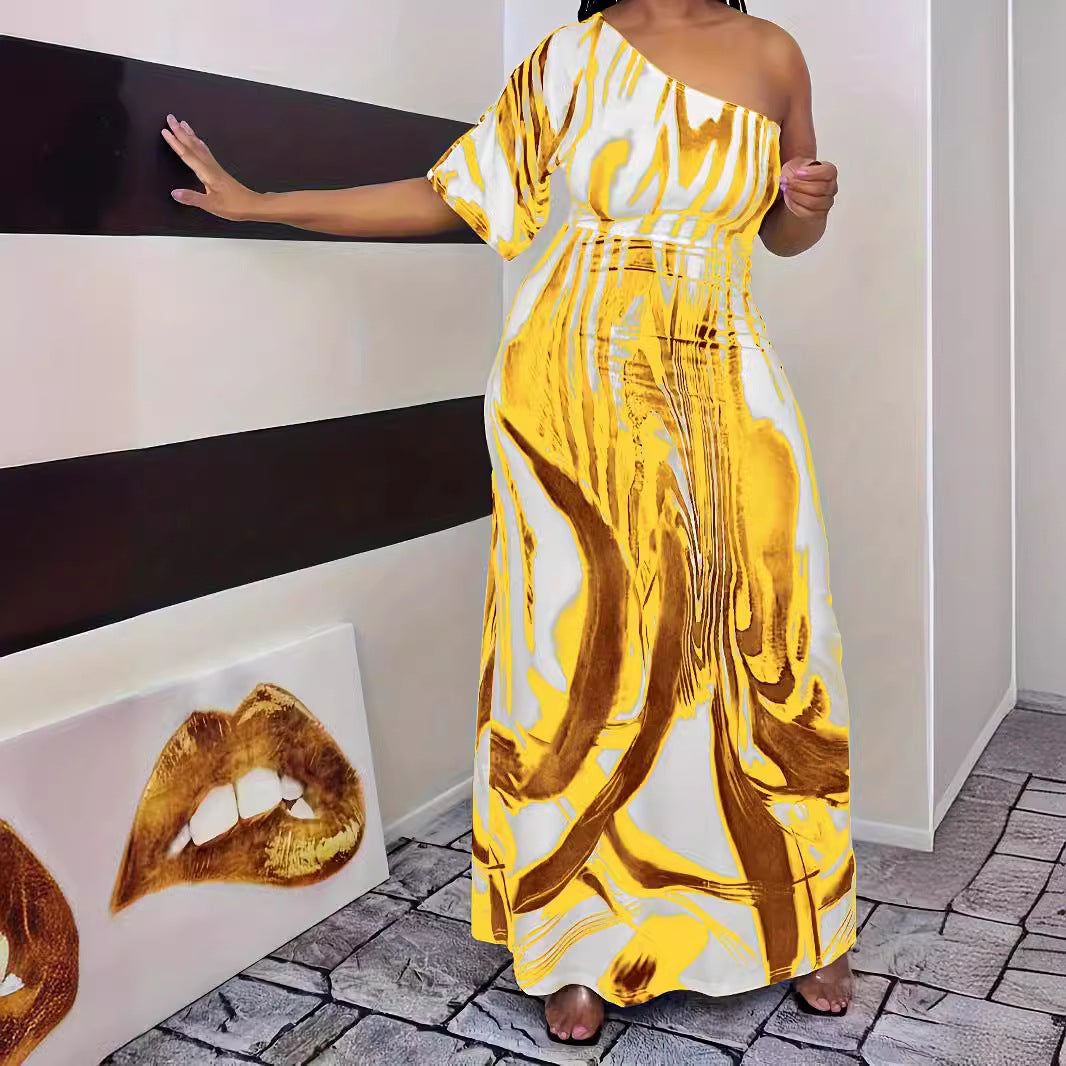 Robe maxi femme avec coupe asymétrique et motif élégant Chic und Stil