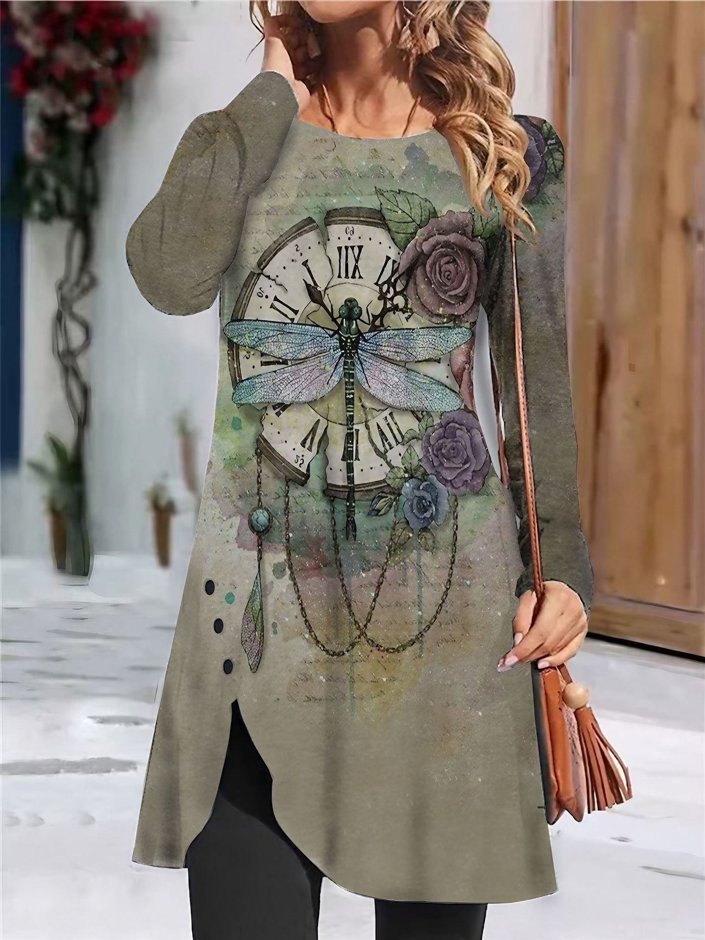 Robe longue artistique à manches longues pour dames avec motif de libellule Chic und Stil