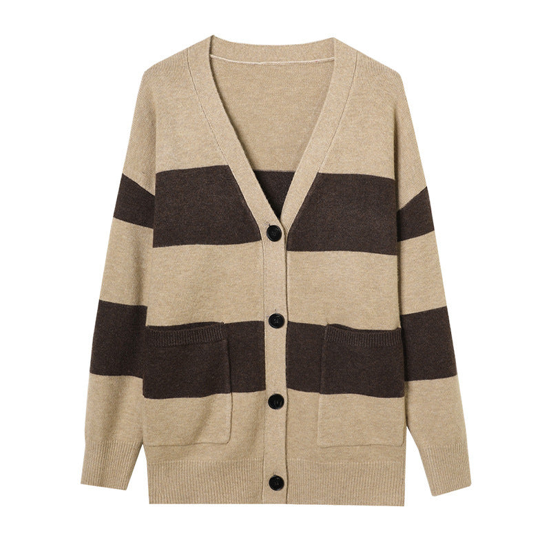 Dames cardigan décontracté à rayures larges et poches plaquées Chic und Stil