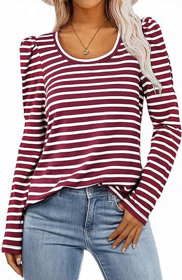 T-shirt rayé à manches longues pour femmes avec manches bouffantes Chic und Stil