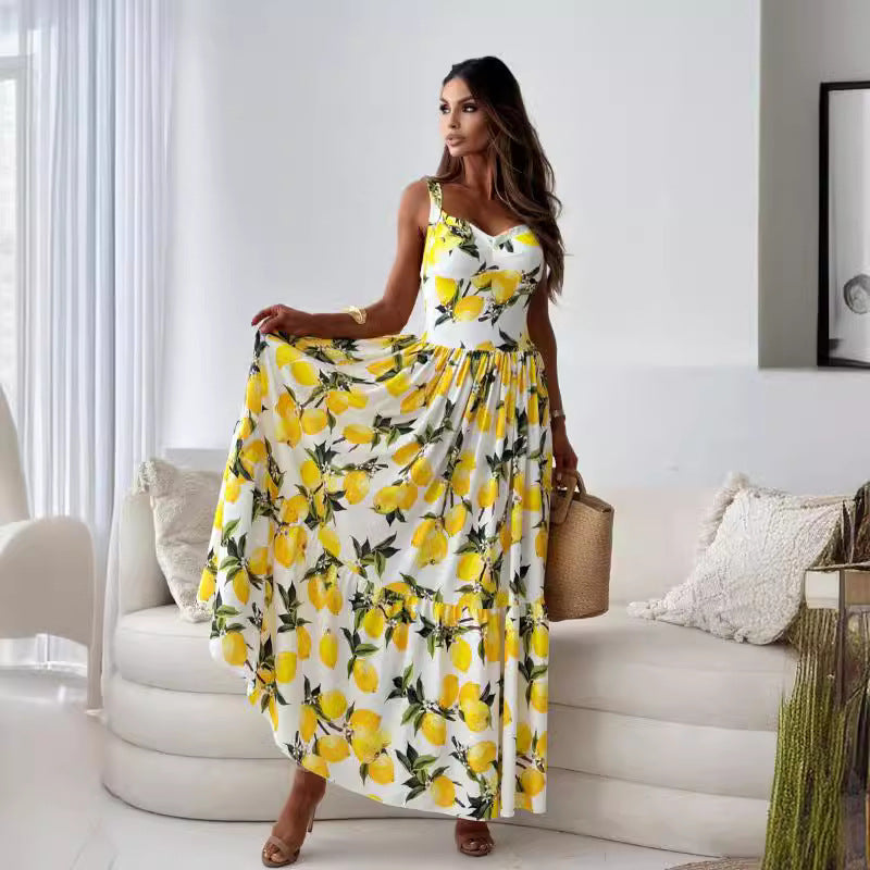 Chic and stylish lemon print high slit maxi dress for women