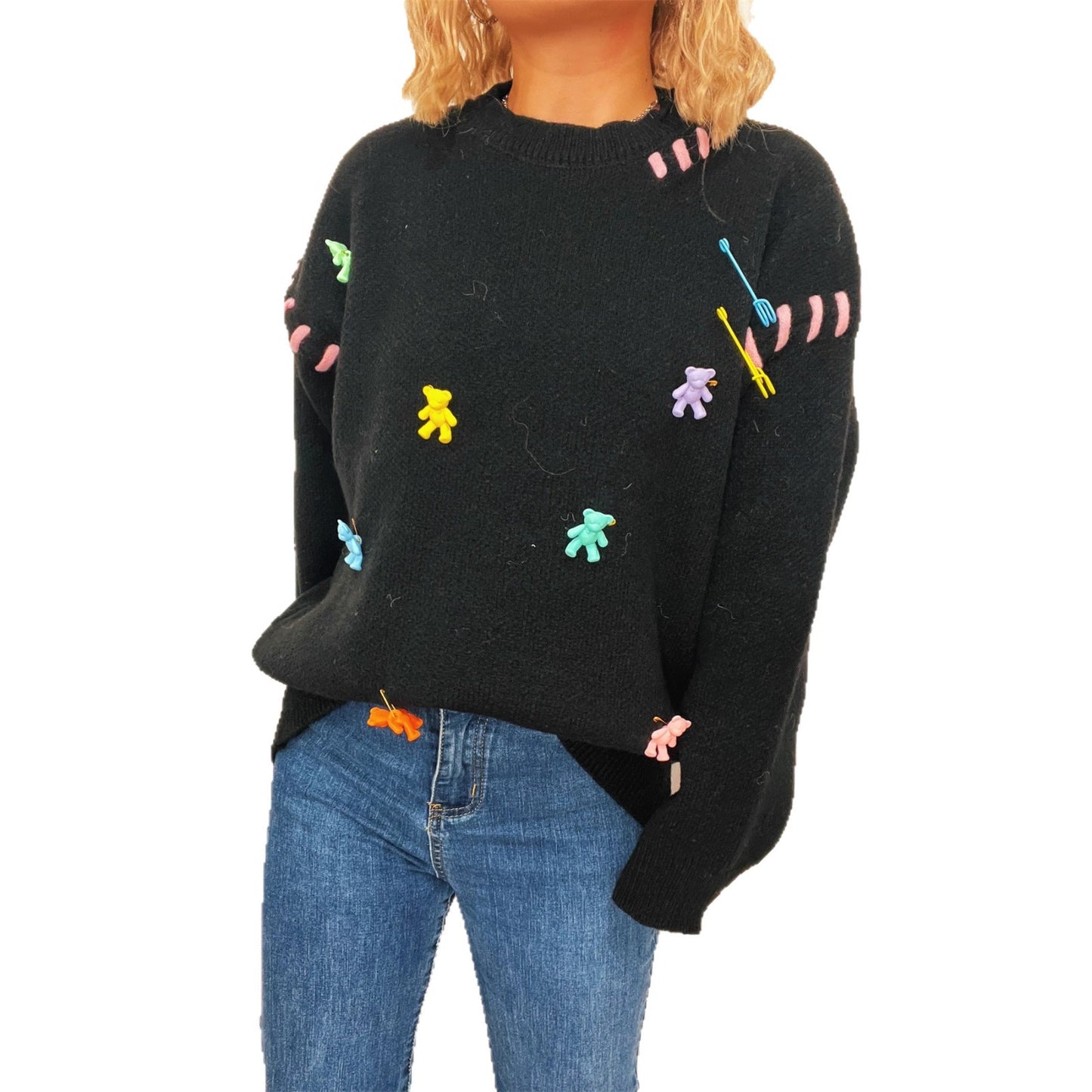 Pull femme avec motif de ours ludique et appliqués décoratifs Chic und Stil