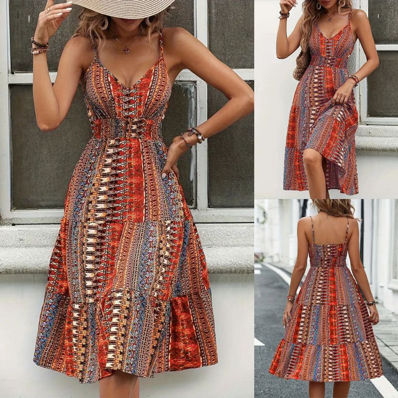 Robe Midi Imprimée Bohème pour Femmes avec Bretelles Spaghetti Réglables Chic und Stil
